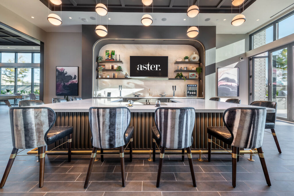 Bar seating at resident lounge at Aster