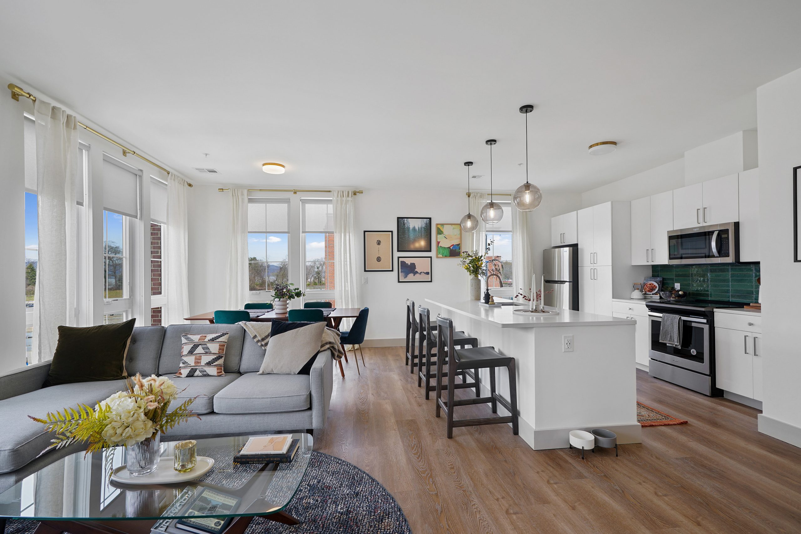 Model kitchen and living area at Emerson