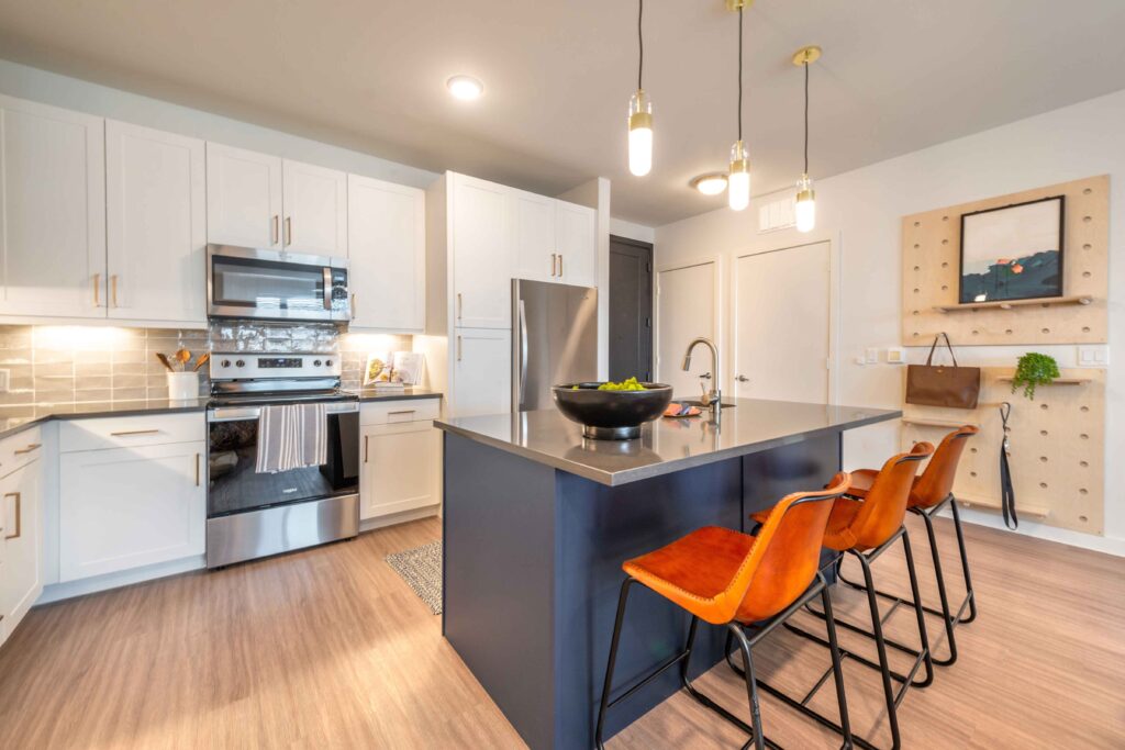 Model kitchen with island seating at Westerly