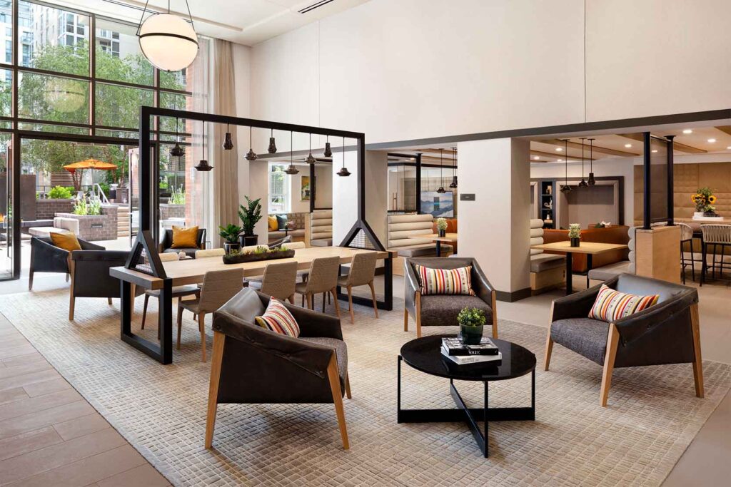 Clubhouse at Parc Riverside with seating and co-working spaces