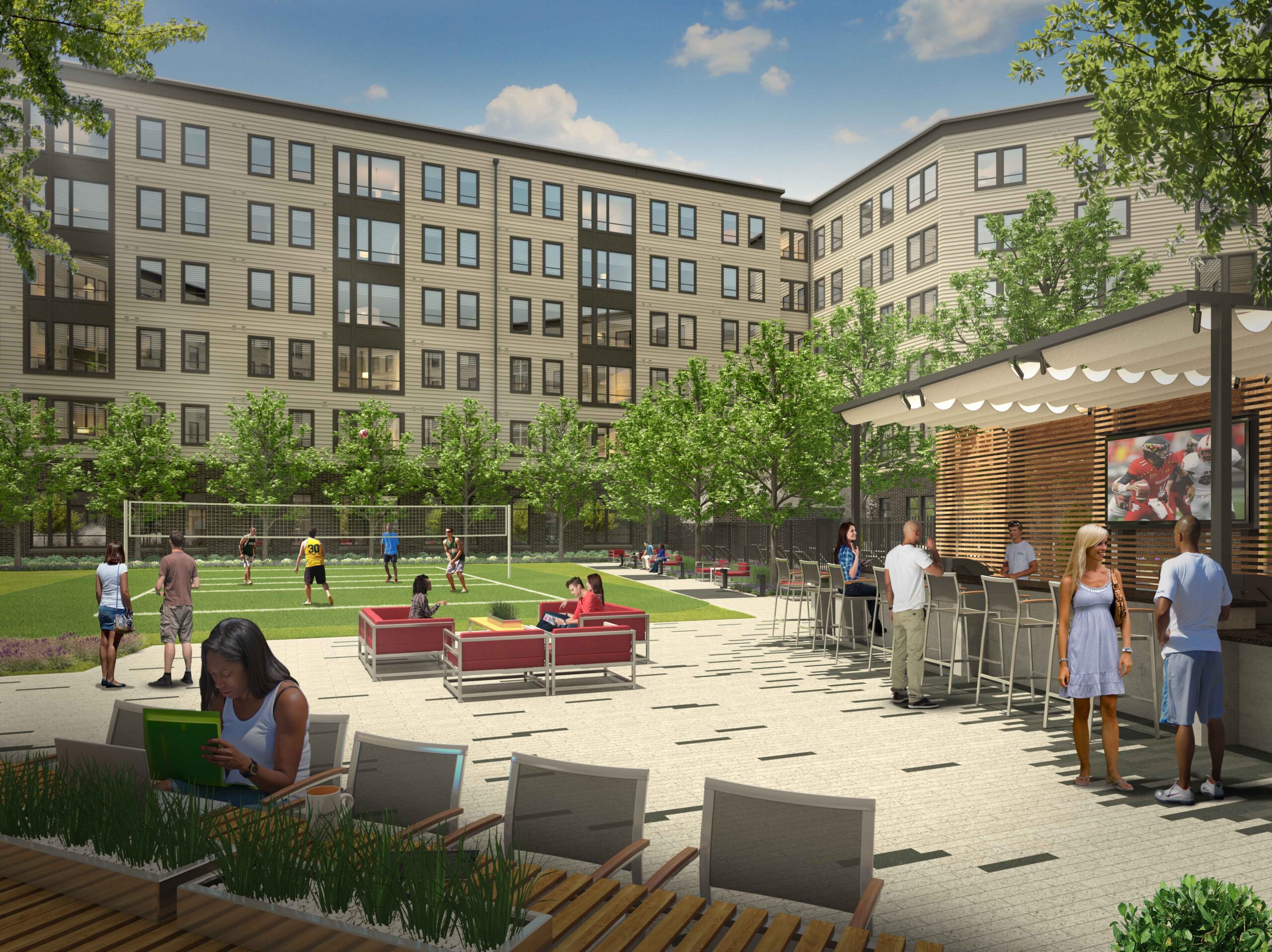 Volleyball court, outdoor seating and bar area with apartment building in the background