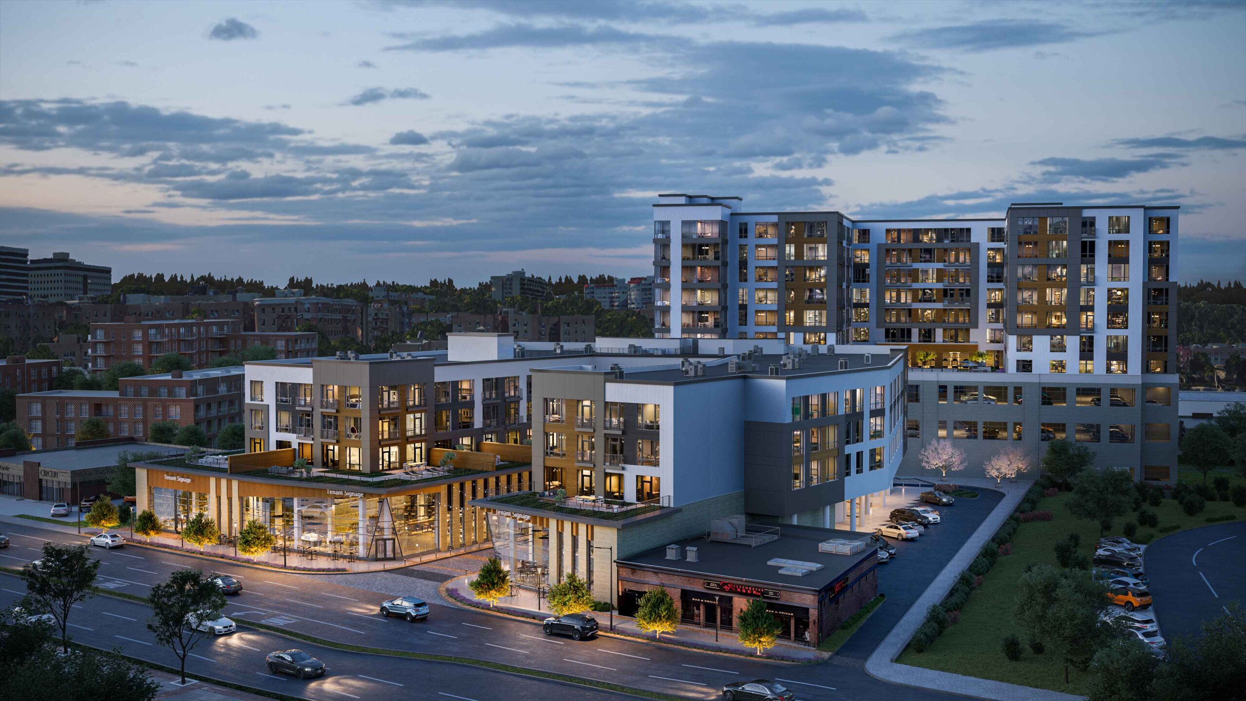 Adora Row building exterior shot at dusk