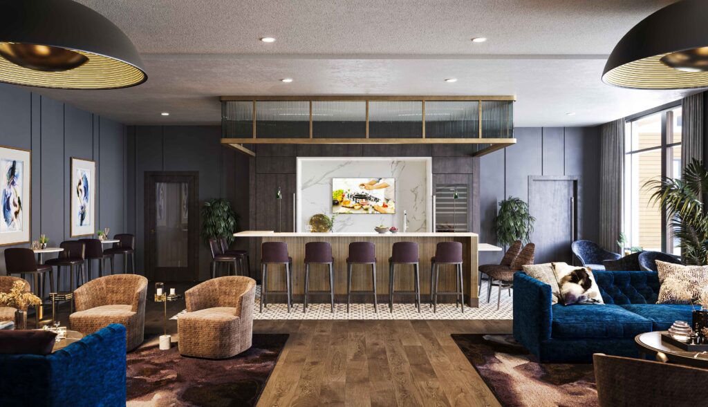 Adora Row clubroom with bar style seating and lounge area for residents