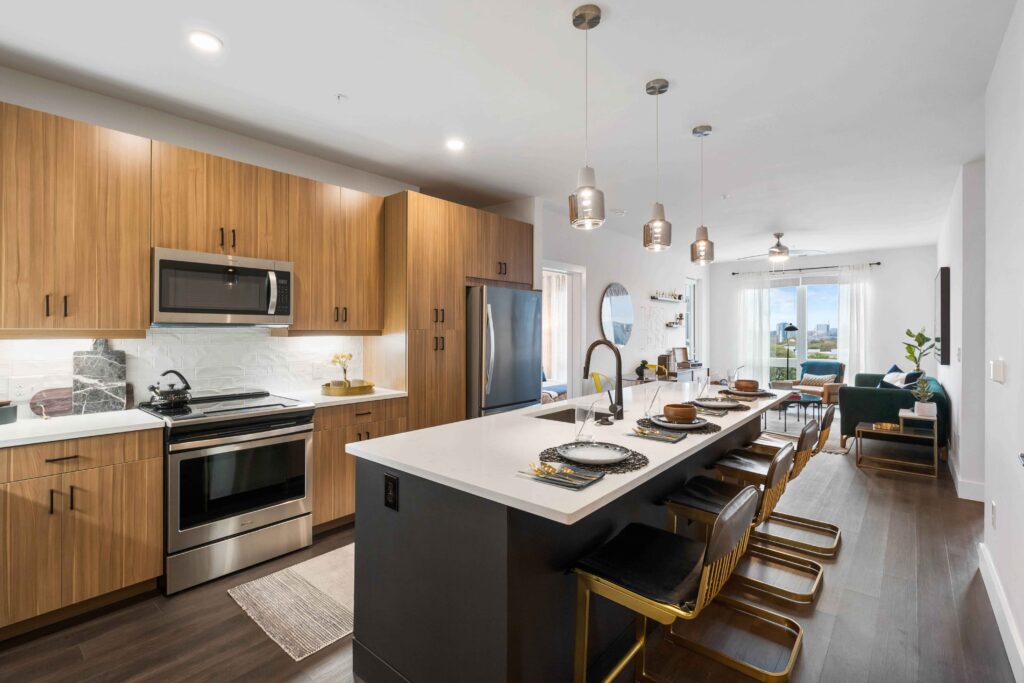 Model kitchen with island seating at Osprey