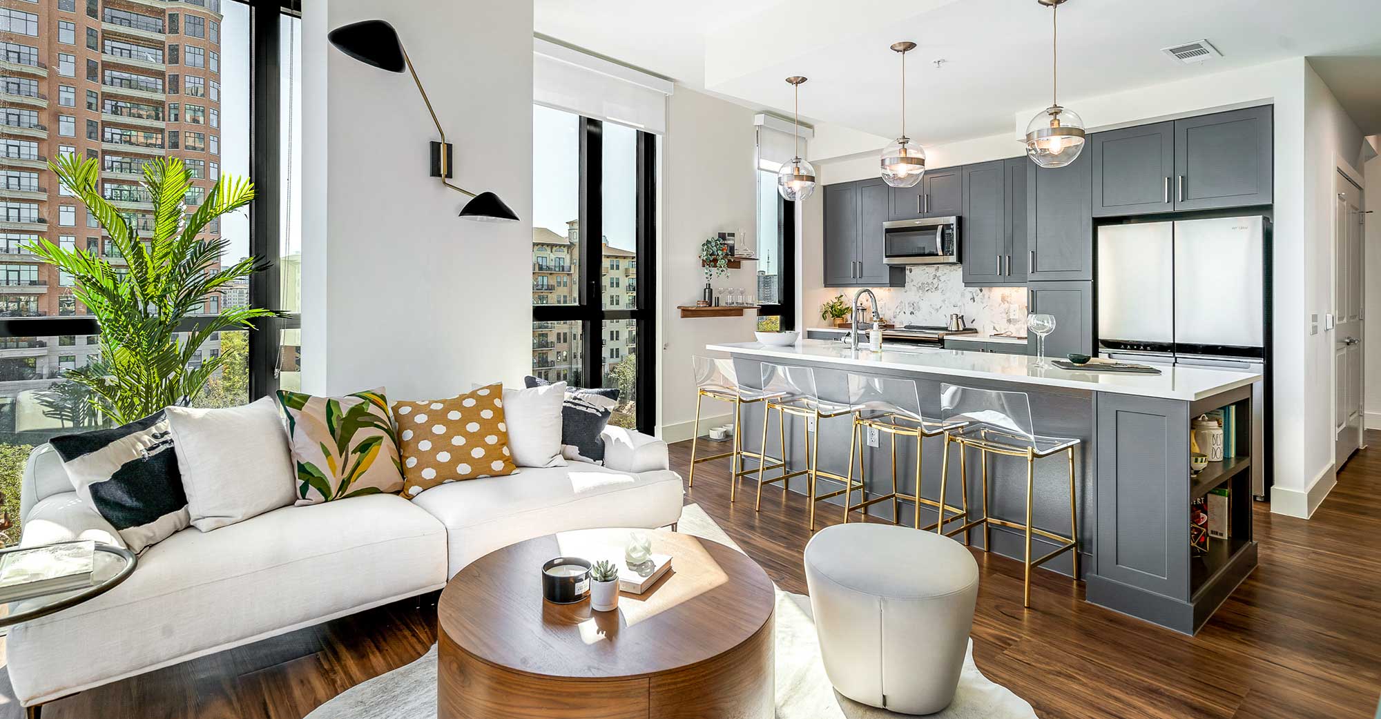 kitchen with island seating and living area