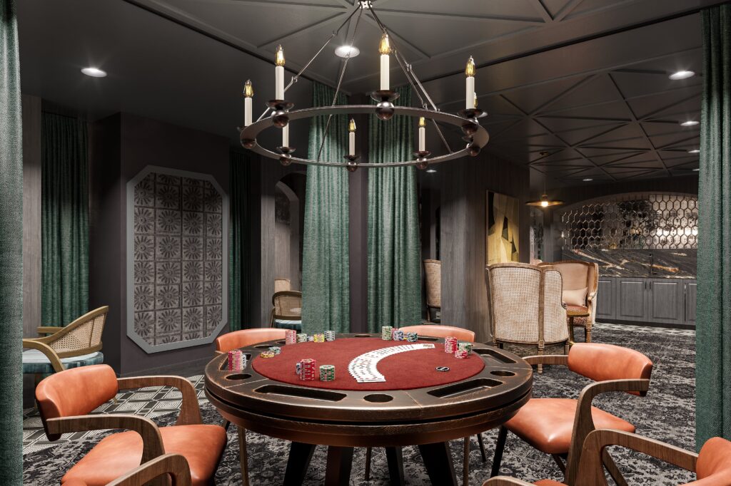 Poker table and seating in Speakeasy at Rafferty