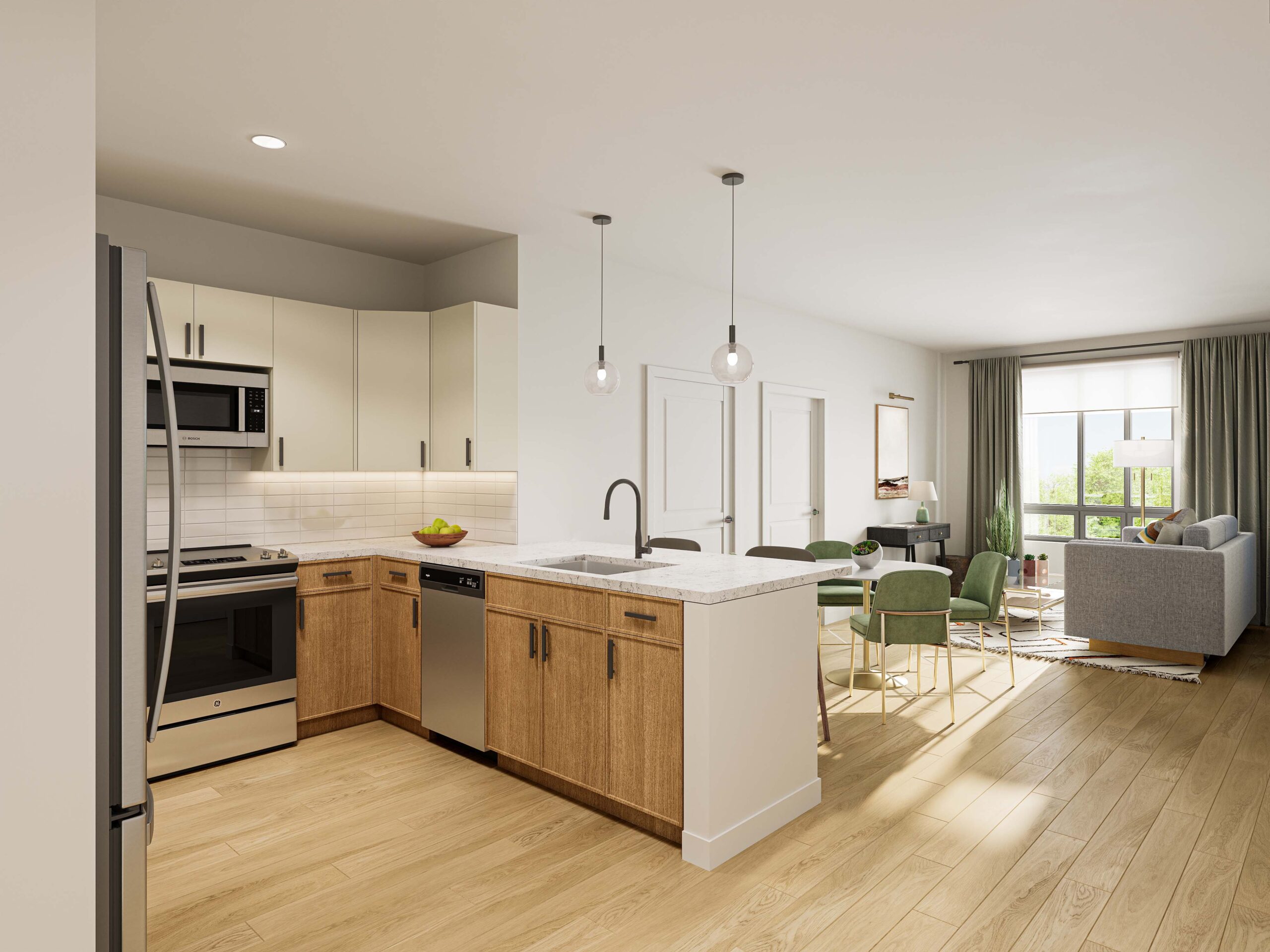 Rendering of living area and kitchen at Atwood
