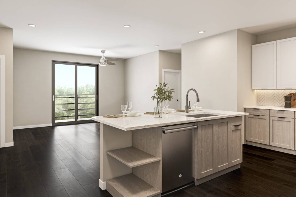 Modern kitchen with island at The Settler