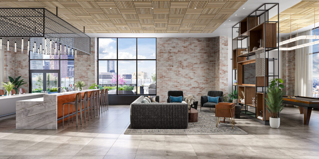 Sky lounge rendering at Broad & Noble