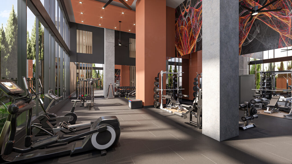 Fitness Center with red and gray columns, colorful abstract mural, large windows, and cardio and weight equipment