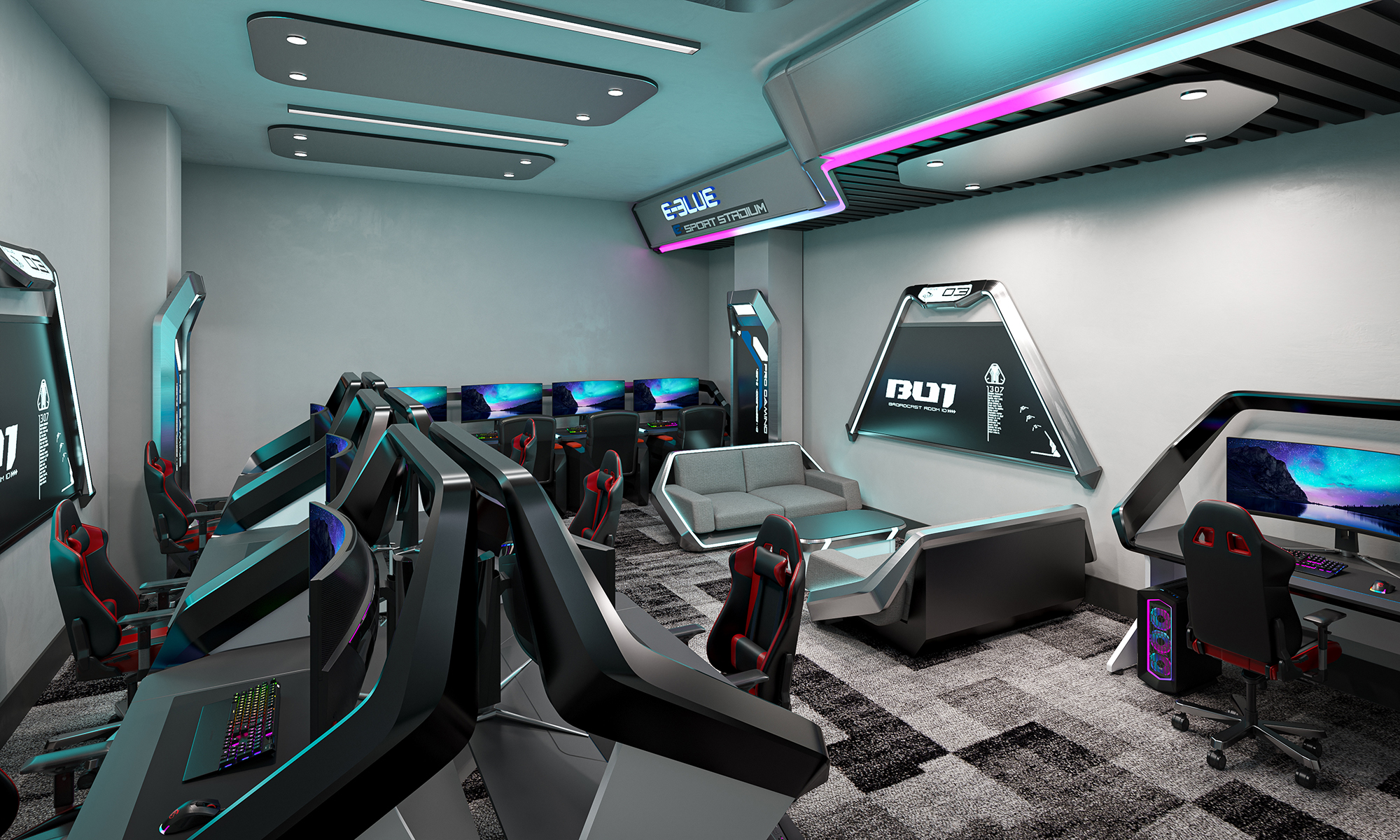 Esports lounge with gray walls and blue and purple neon lights. Individual gaming stations with gaming chairs and computer screens.