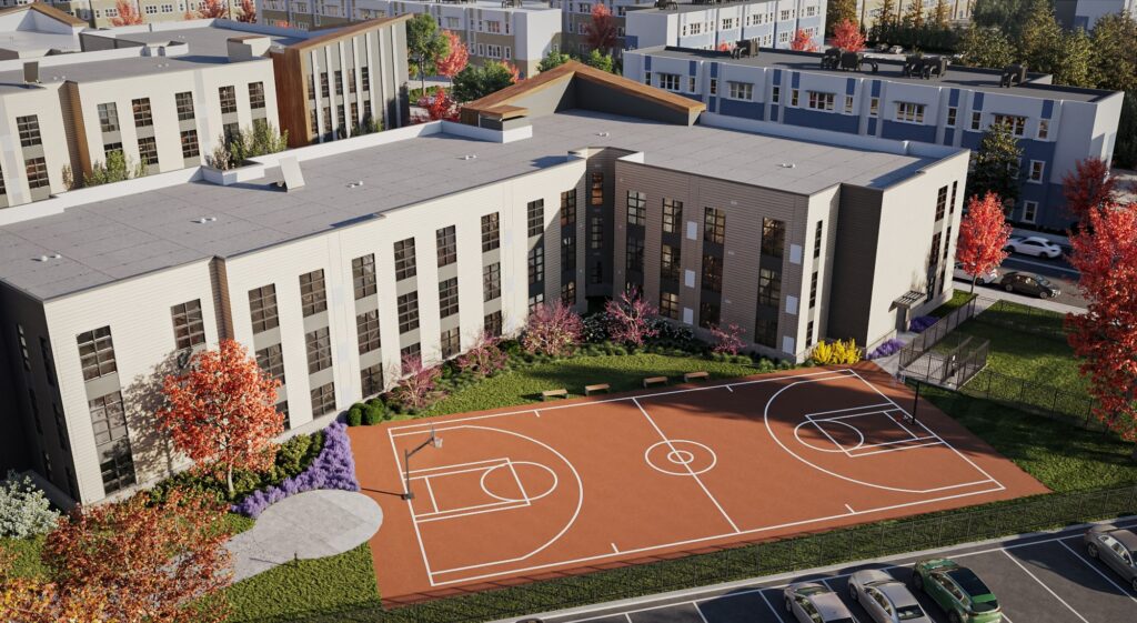 Aerial view of basketball court at The 87