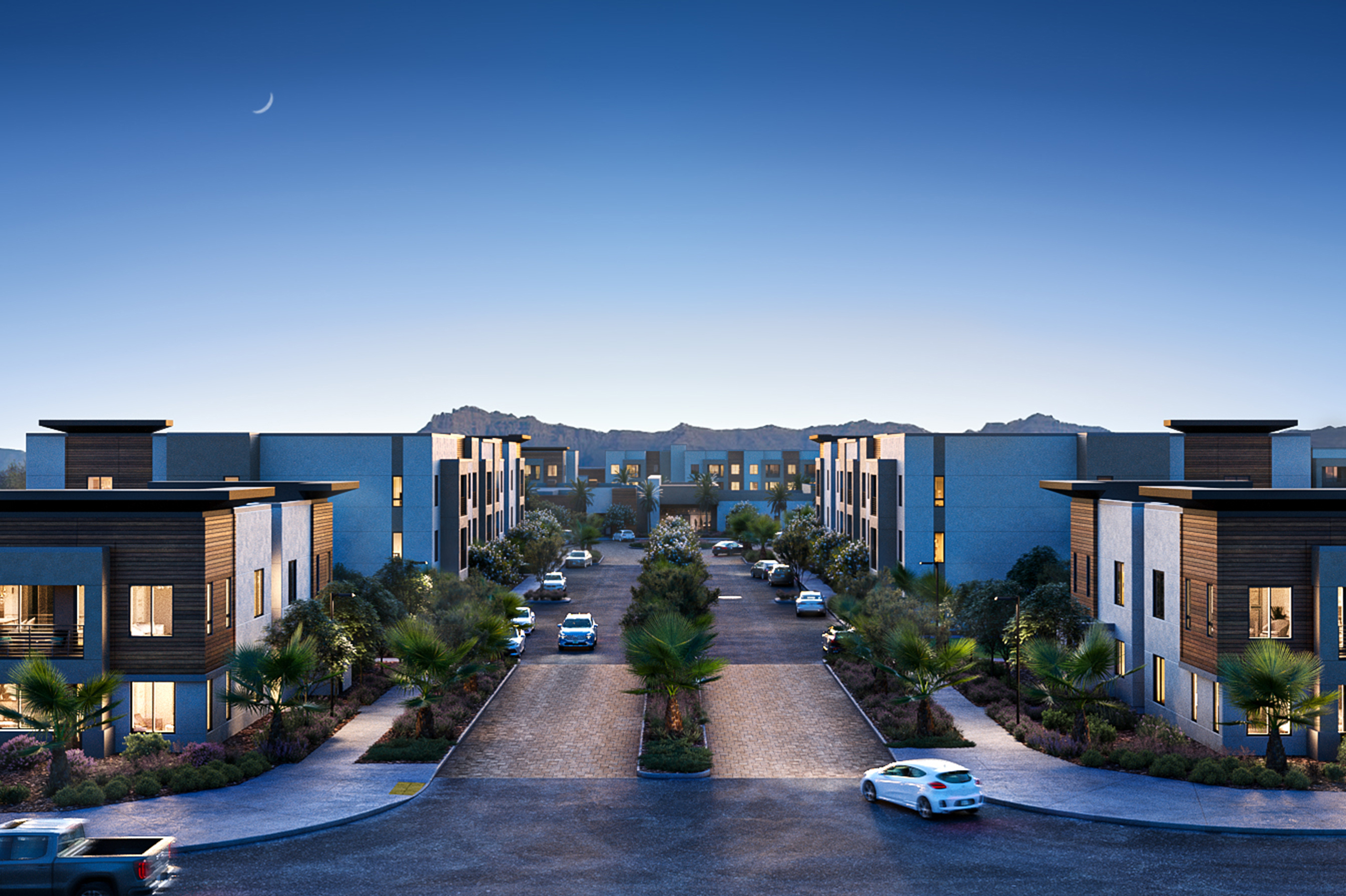 Rendering of the exterior of Navona at dusk with mountains in the background