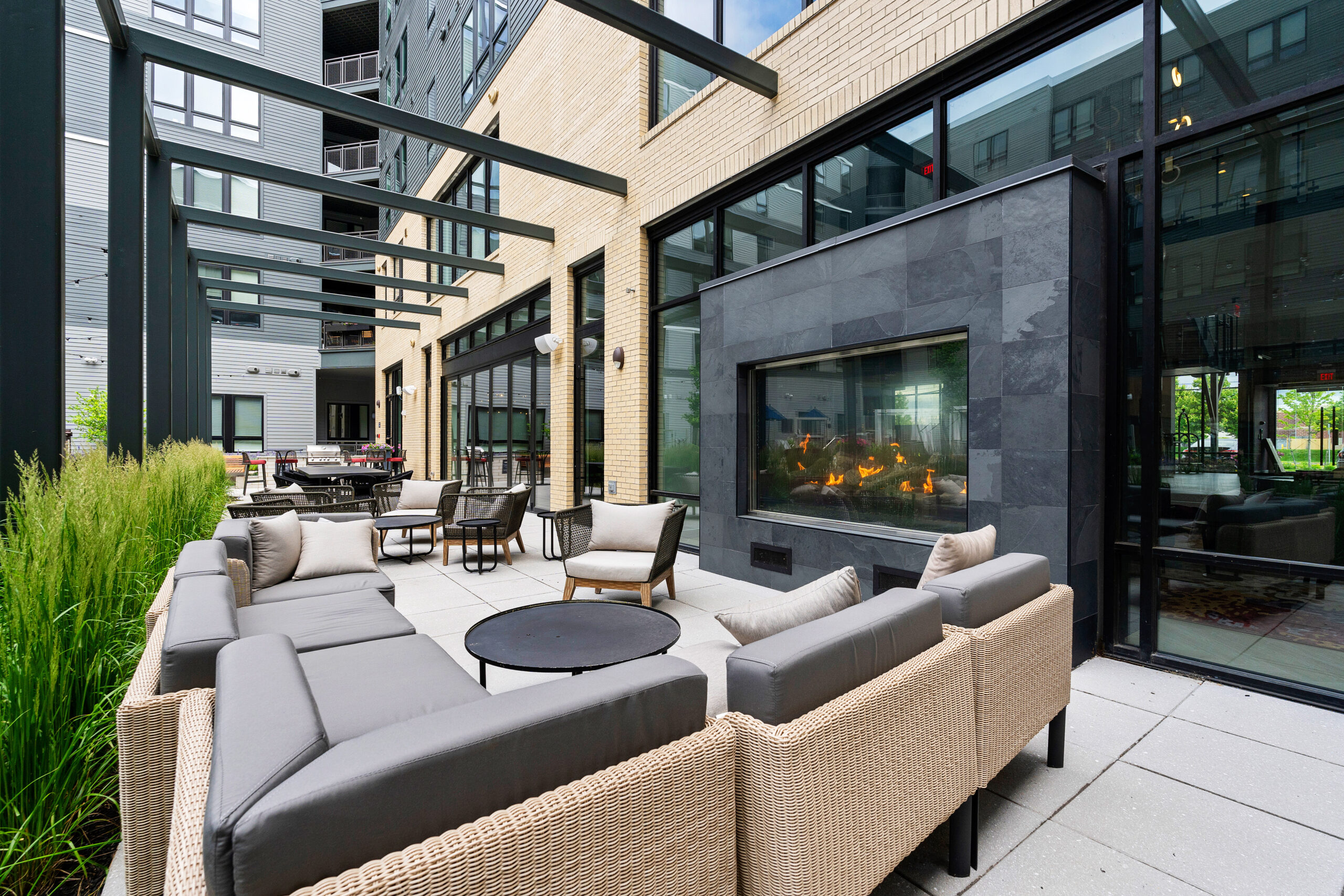 Outdoor lounge area with fireplace