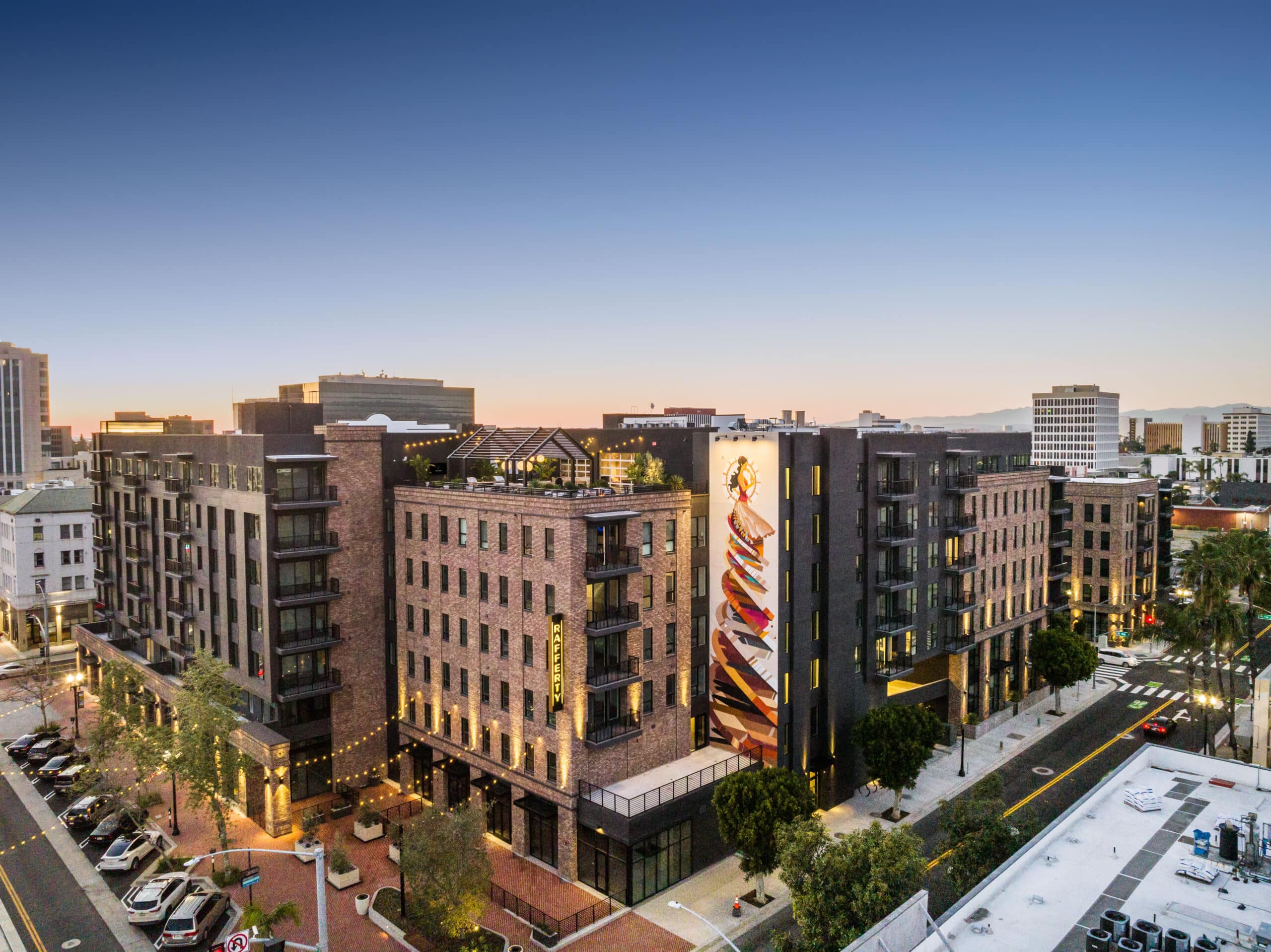 Exterior photo of Rafferty apartment community at dusk